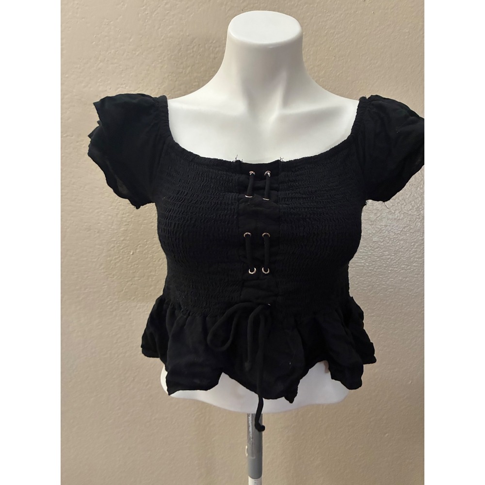 Fashion Nova Black Smocked Peplum Crop Top Lace Up Milkmaid XL